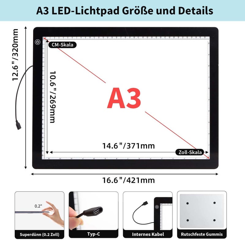 Zocelight A3 Light Pad for Diamond Painting Kit,4800Lux Super Bright 5mm Ultra Thin Diamond Art Light Board with Stand and Clip,3 Levels Dimming Light Box for Artists,Drawing,Sketching,Animation - Image 3